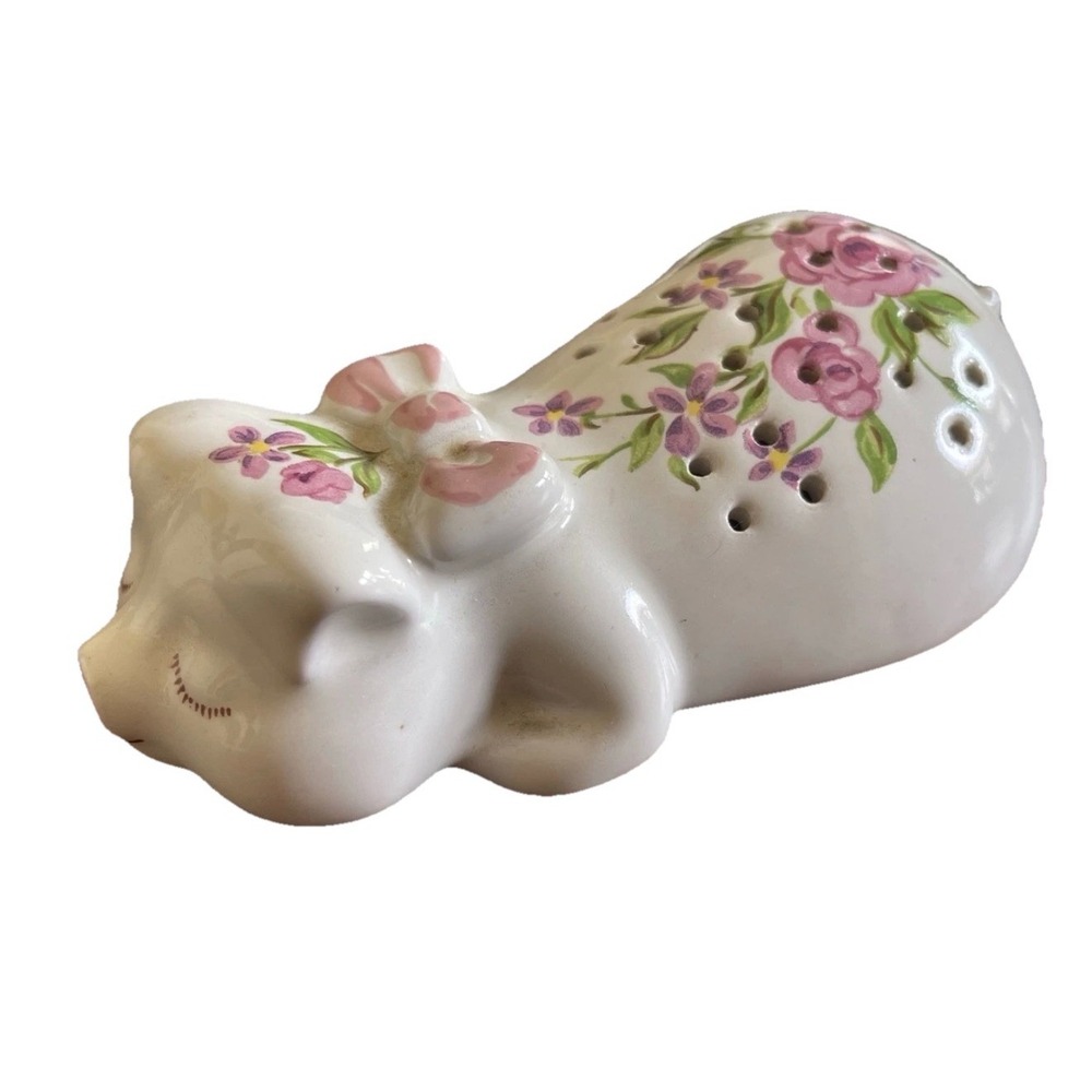Porcelain Pig Sachet Pomander Cottagecore Decor Hand Painted Floral Vintage 1978